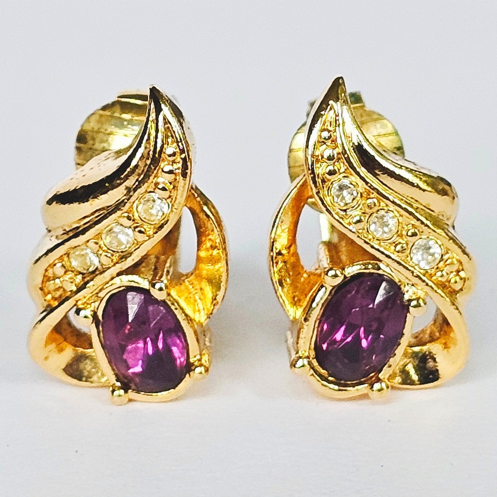Vintage Avon Clip On Earrings Faux Amethyst Gold Tone Rhinestone‎ Glam Regency